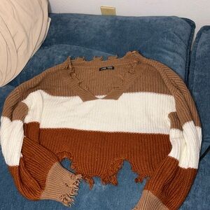Women's Brown and White Distressed Sweater